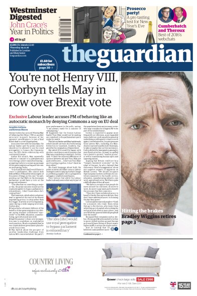 The Guardian (UK) Newspaper Front Page for 29 December 2016