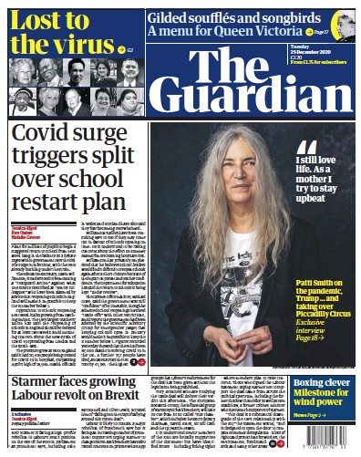 The Guardian Newspaper Front Page for 29 December 2020