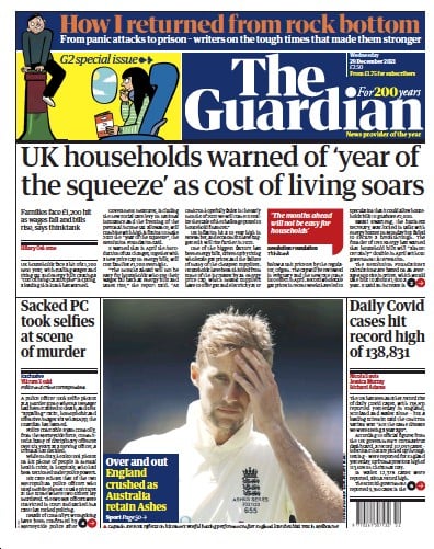 The Guardian (UK) Newspaper Front Page for 29 December 2021