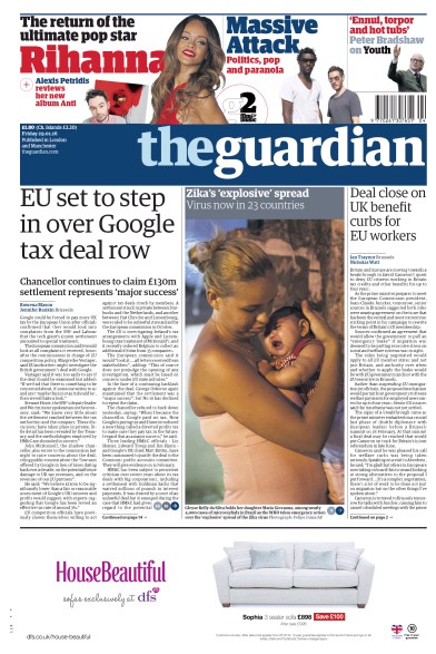 The Guardian Newspaper Front Page for 29 January 2016
