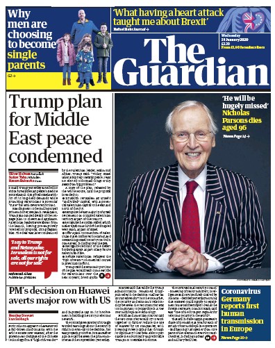 The Guardian Newspaper Front Page for 29 January 2020