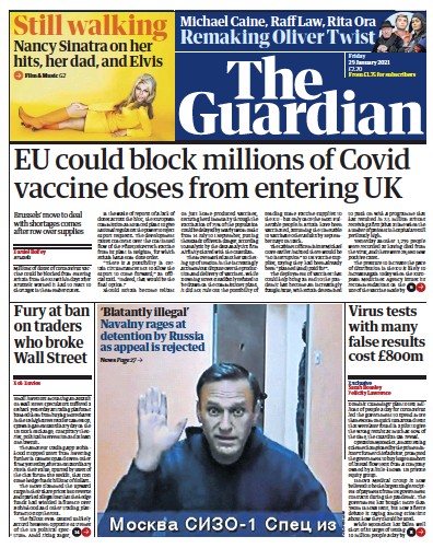The Guardian Newspaper Front Page for 29 January 2021