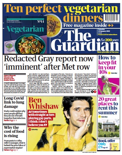 The Guardian (UK) Newspaper Front Page for 29 January 2022