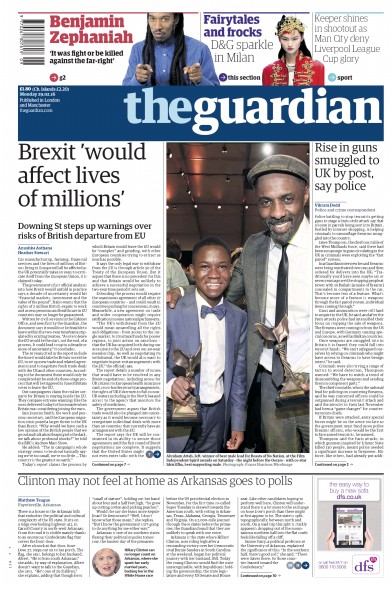 The Guardian Newspaper Front Page for 29 February 2016