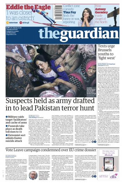 The Guardian Newspaper Front Page for 29 March 2016