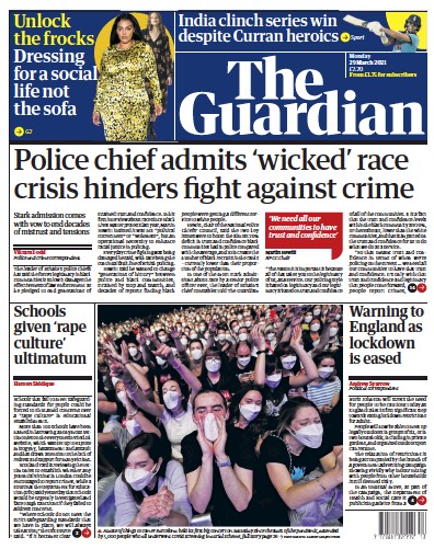 The Guardian (UK) Newspaper Front Page for 29 March 2021