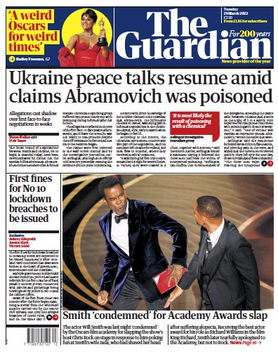 The Guardian (UK) Newspaper Front Page for 29 March 2022