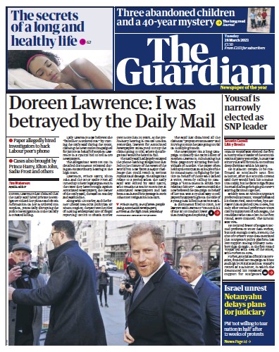 The Guardian (UK) Newspaper Front Page for 29 March 2023