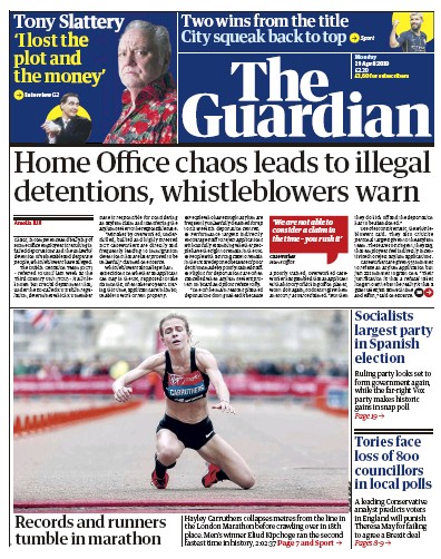 The Guardian (UK) Newspaper Front Page for 29 April 2019