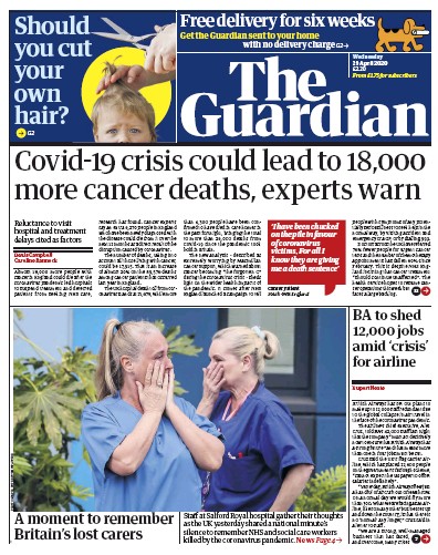 The Guardian Newspaper Front Page for 29 April 2020