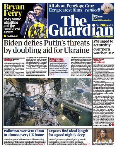 The Guardian Newspaper Front Page for 29 April 2022