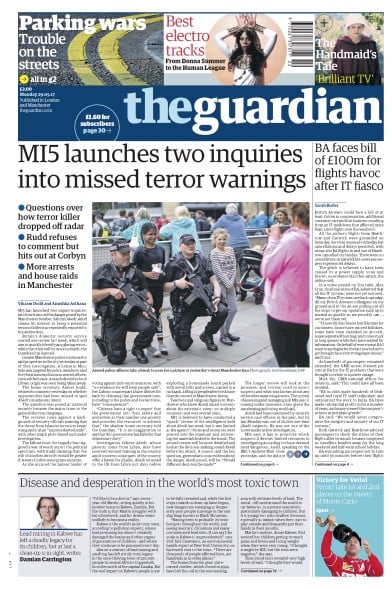 The Guardian Newspaper Front Page for 29 May 2017