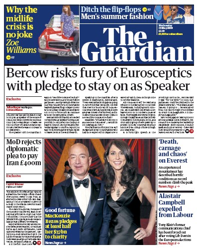 The Guardian (UK) Newspaper Front Page for 29 May 2019