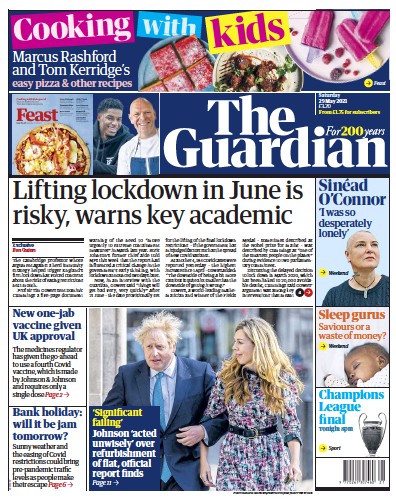 The Guardian Newspaper Front Page for 29 May 2021