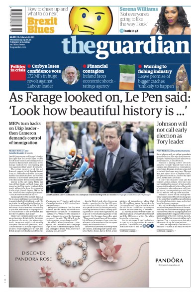 The Guardian Newspaper Front Page for 29 June 2016