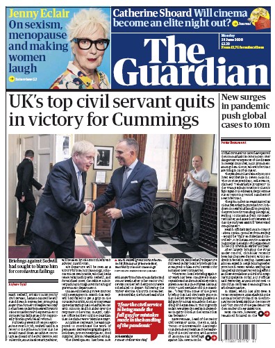 The Guardian Newspaper Front Page for 29 June 2020