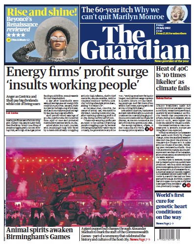 The Guardian (UK) Newspaper Front Page for 29 July 2022