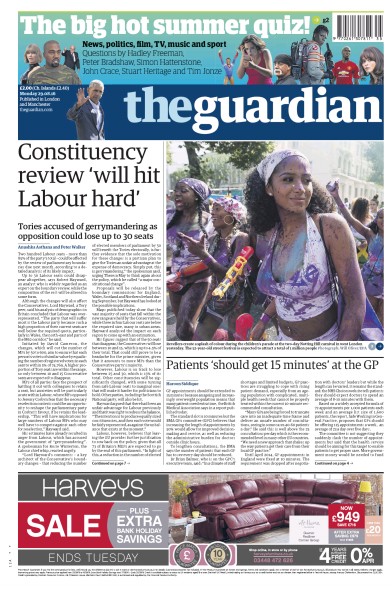The Guardian Newspaper Front Page for 29 August 2016