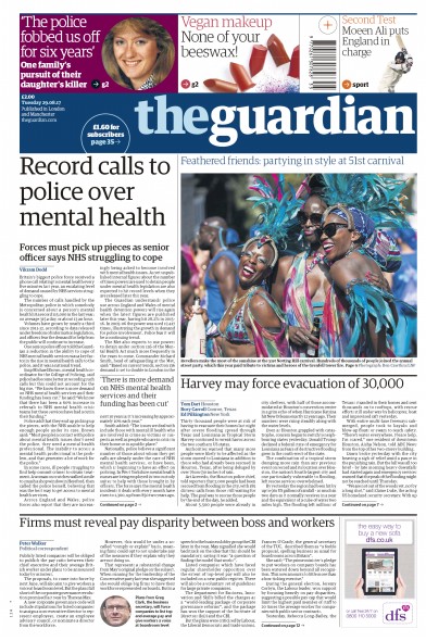 The Guardian (UK) Newspaper Front Page for 29 August 2017