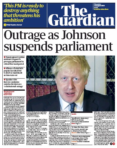 The Guardian Newspaper Front Page for 29 August 2019
