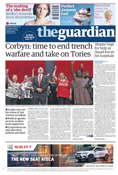 The Guardian (UK) Newspaper Front Page for 29 September 2016
