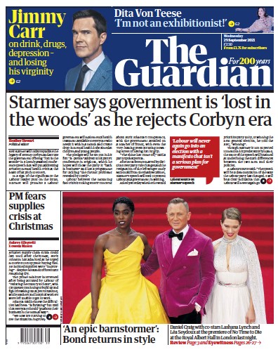 The Guardian (UK) Newspaper Front Page for 29 September 2021