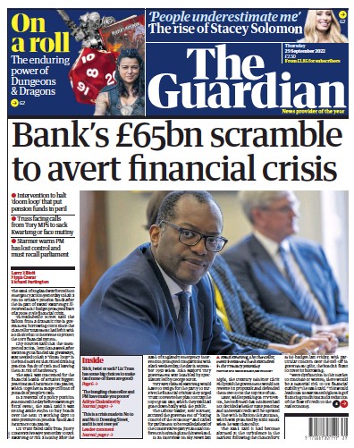The Guardian (UK) Newspaper Front Page for 29 September 2022