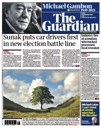 The Guardian Newspaper Front Page for 29 September 2023