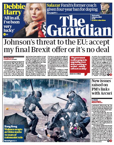 The Guardian Newspaper Front Page for 2 October 2019