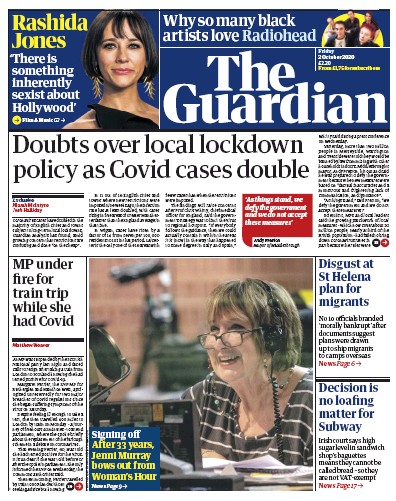 The Guardian Newspaper Front Page for 2 October 2020