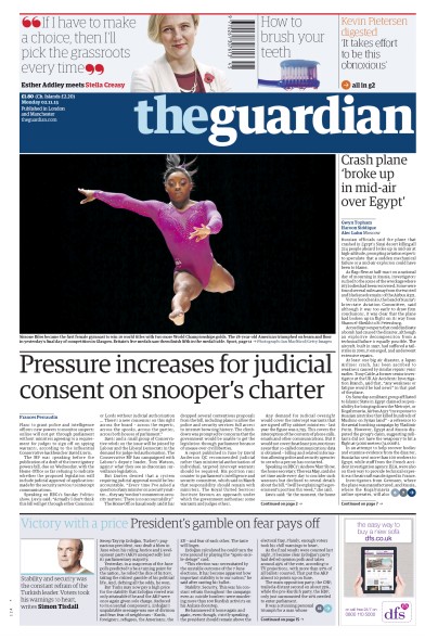 The Guardian Newspaper Front Page for 2 November 2015