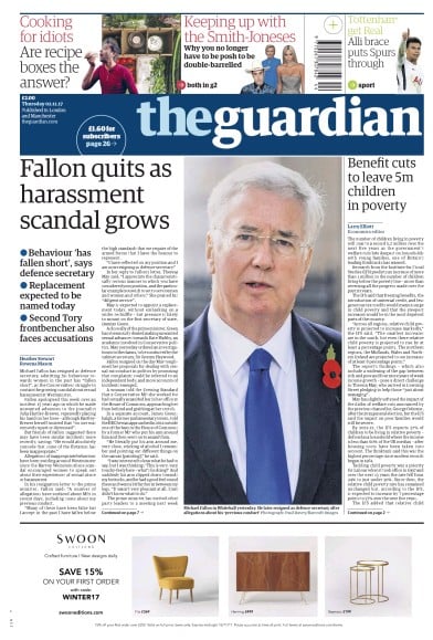 The Guardian Newspaper Front Page for 2 November 2017