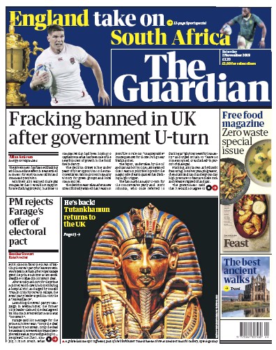 The Guardian Newspaper Front Page for 2 November 2019