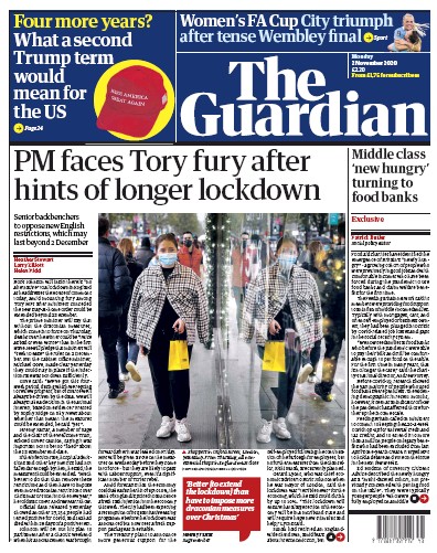 The Guardian Newspaper Front Page for 2 November 2020