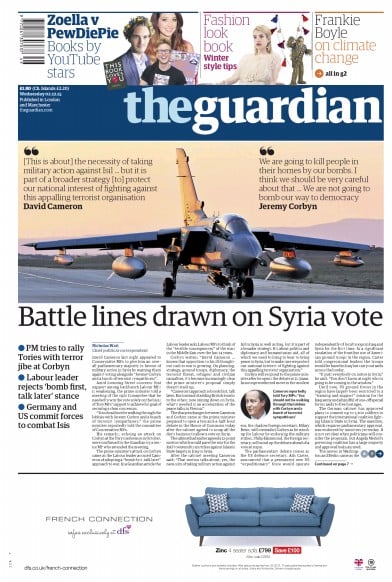 The Guardian (UK) Newspaper Front Page for 2 December 2015