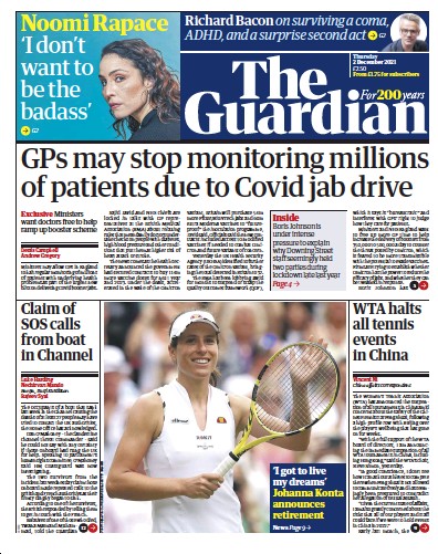 The Guardian (UK) Newspaper Front Page for 2 December 2021
