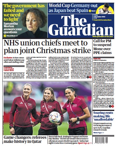 The Guardian (UK) Newspaper Front Page for 2 December 2022