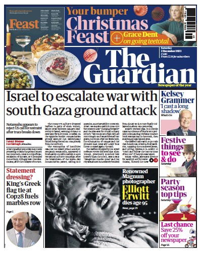 The Guardian (UK) Newspaper Front Page for 2 December 2023