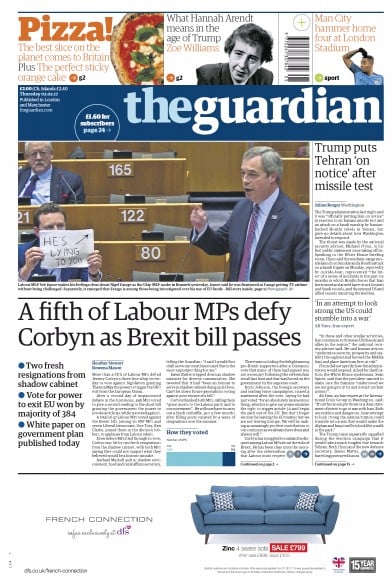 The Guardian Newspaper Front Page for 2 February 2017