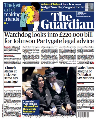 The Guardian (UK) Newspaper Front Page for 2 February 2023
