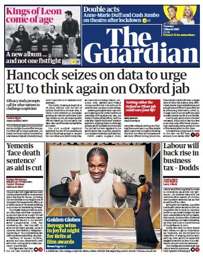 The Guardian (UK) Newspaper Front Page for 2 March 2021