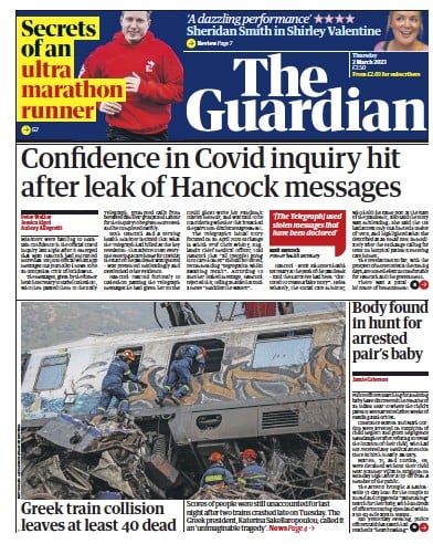 The Guardian (UK) Newspaper Front Page for 2 March 2023