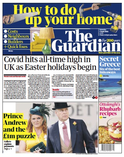 The Guardian (UK) Newspaper Front Page for 2 April 2022