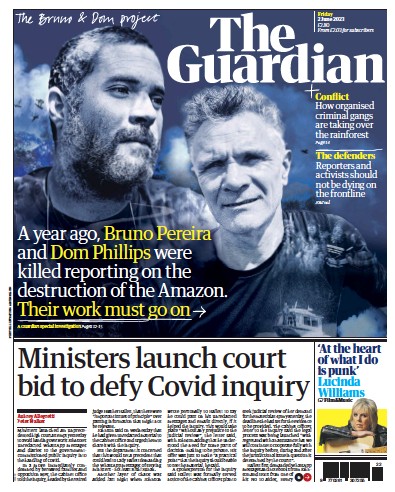The Guardian (UK) Newspaper Front Page for 2 June 2023