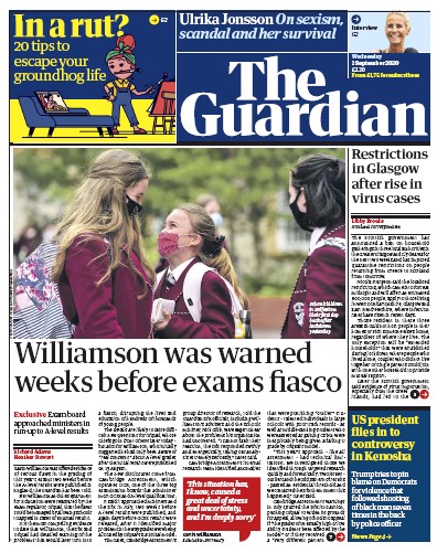 The Guardian Newspaper Front Page for 2 September 2020