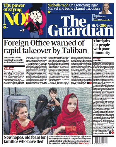 The Guardian (UK) Newspaper Front Page for 2 September 2021