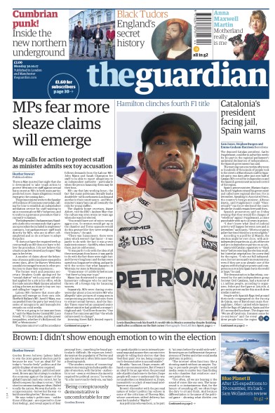 The Guardian Newspaper Front Page for 30 October 2017