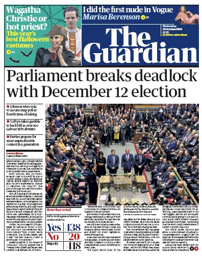 The Guardian Newspaper Front Page for 30 October 2019
