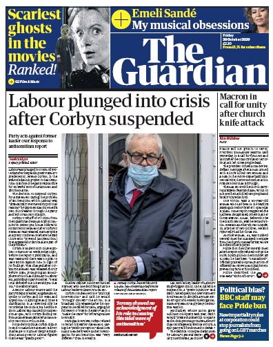 The Guardian Newspaper Front Page for 30 October 2020