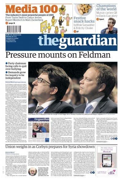 The Guardian Newspaper Front Page for 30 November 2015